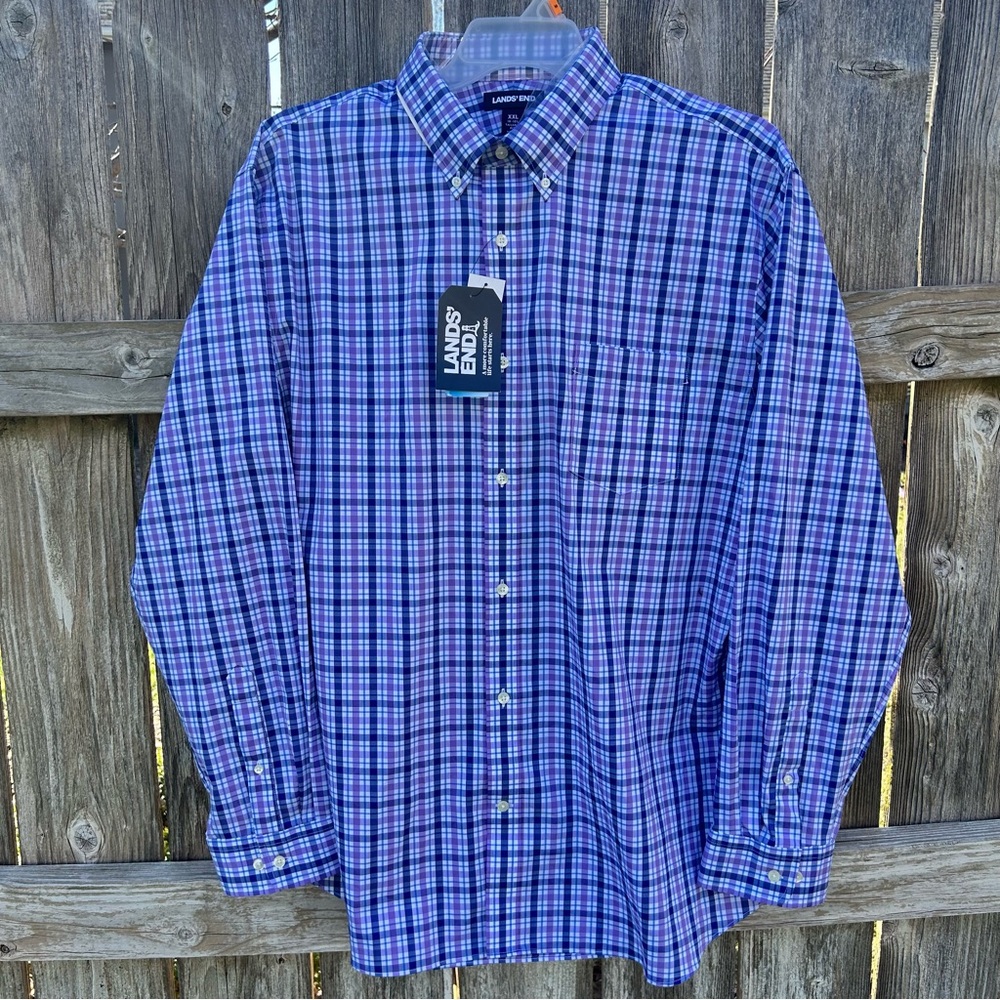 Lands' End Button Down Men's XXL Blue and Purple Plaid Performance Shirt